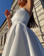 Rochie cununie civila albă midi cu corset din satin regal, șiret spate, cordon detașabil.