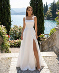 Robe de mariée longue blanche avec fente élégante et raffinée en satin