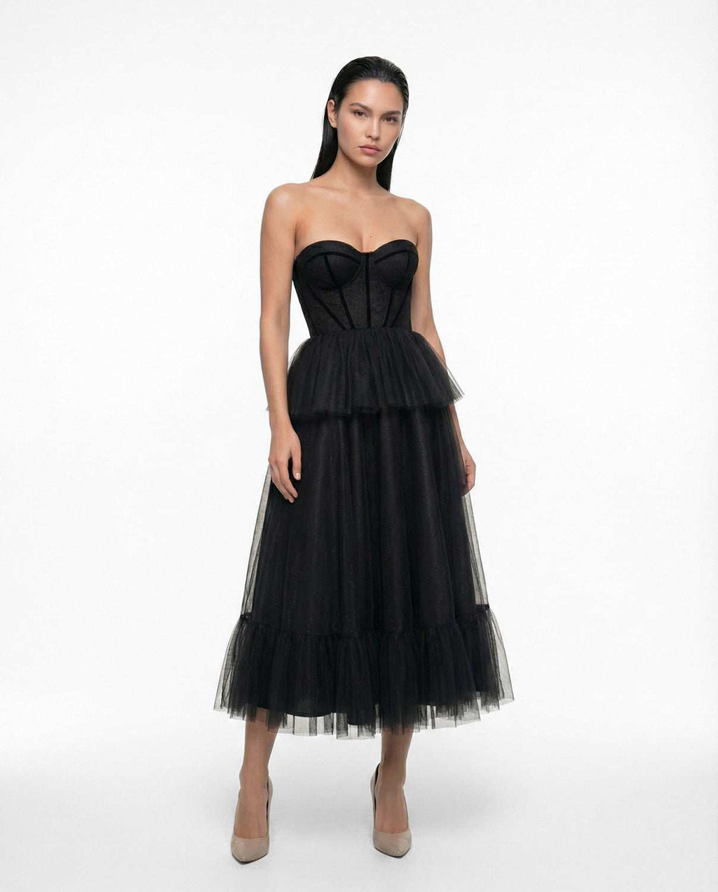 Robe midi noire élégante avec corset, robe de soirée avec dentelle fine