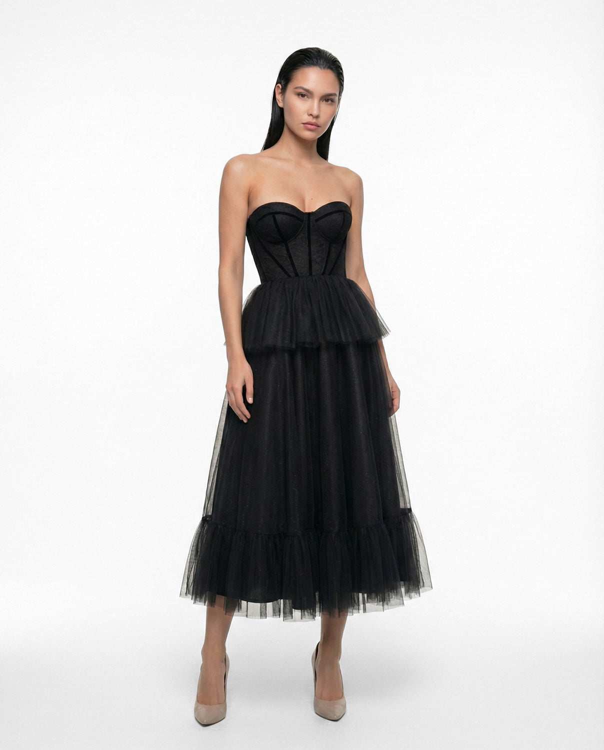 Robe midi noire élégante avec corset, robe de soirée avec dentelle fine