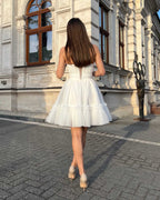 Rochie de ocazie alba scurta din dantela cu corset - BELLADRESS